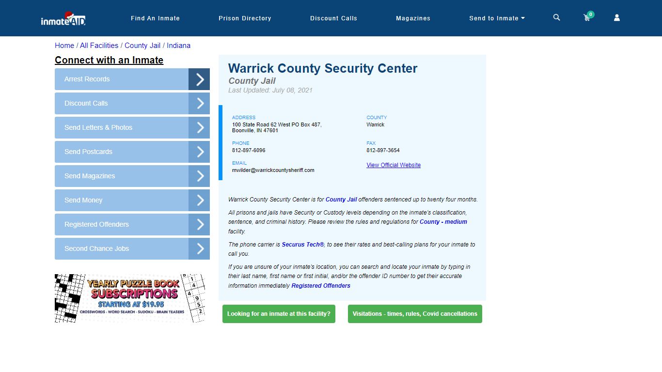 Warrick County Security Center - Inmate Locator - Boonville, IN